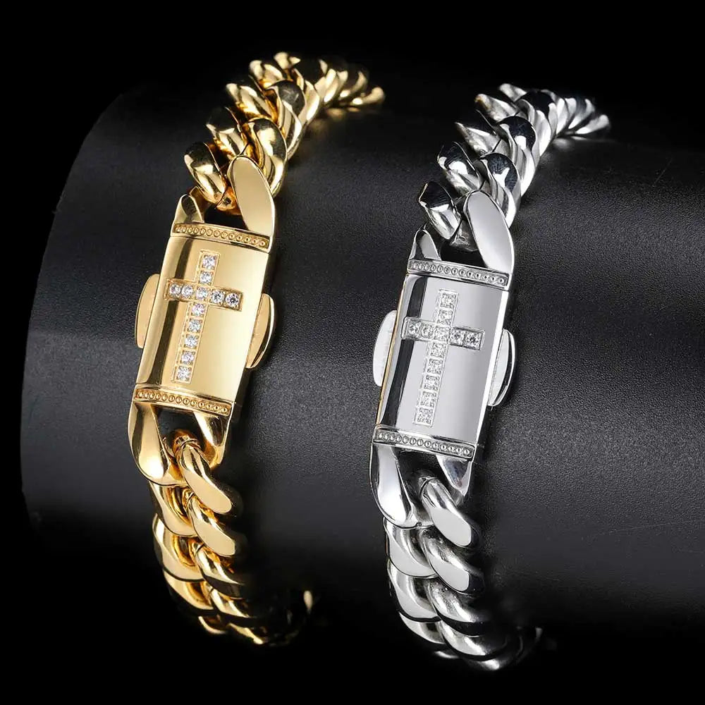 Hip Hop Chain Mens Gold Bracelets 18k Gold  Plated Chain Miami Stainless Steel Cuban Bracelets-3