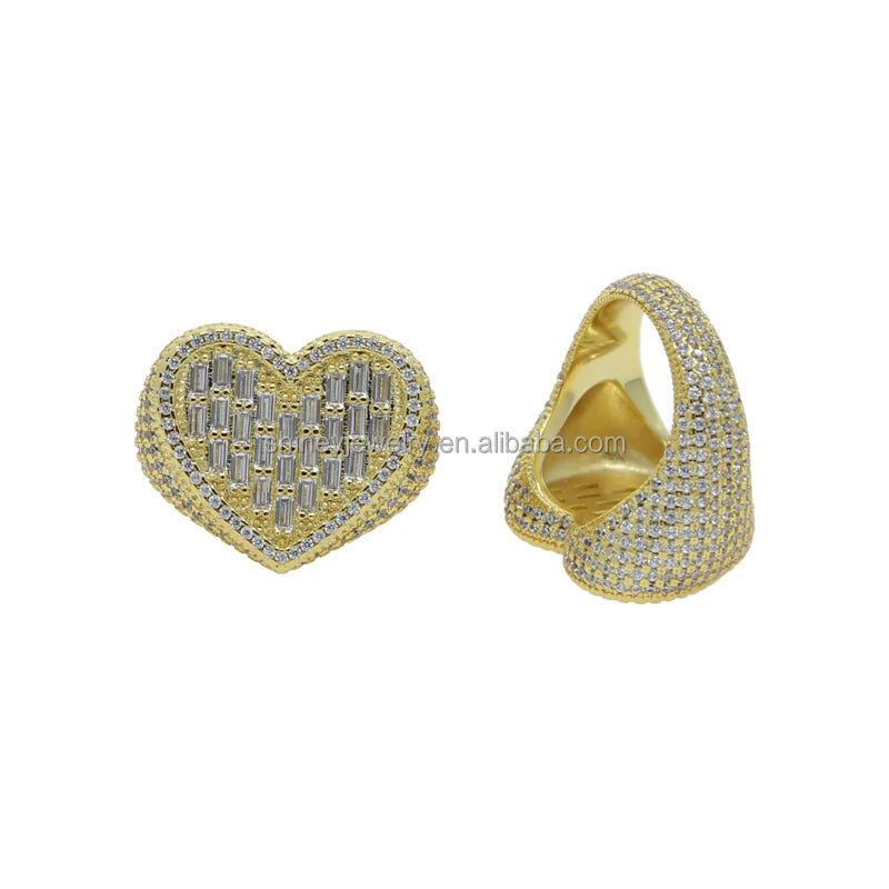 Valentine's Day Gift Wedding Iced Out Bling Rectangle CZ Paved Heart Shaped Earring Ring Necklace Women Jewelry Set-12