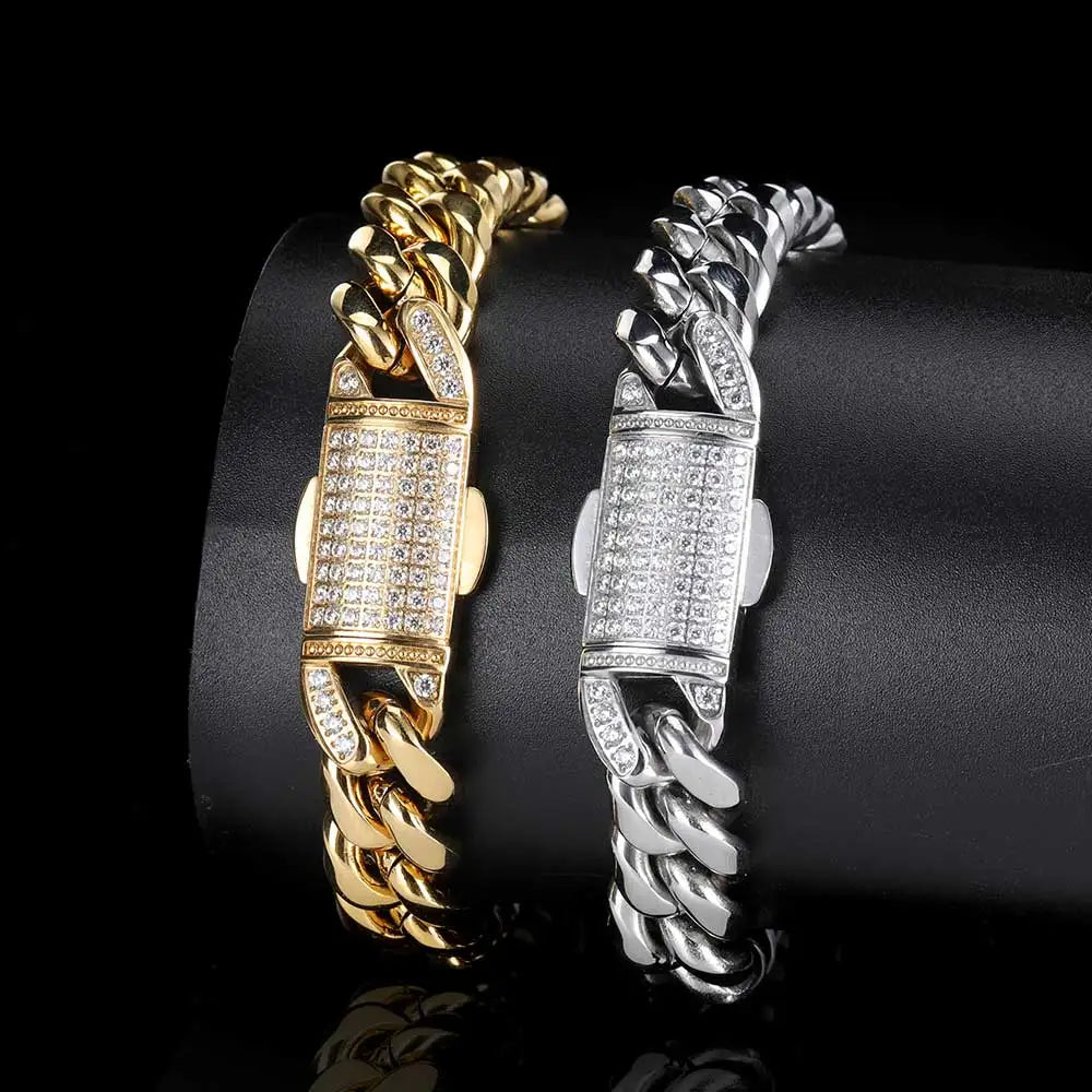Hip Hop Chain Mens Gold Bracelets 18k Gold  Plated Chain Miami Stainless Steel Cuban Bracelets-4