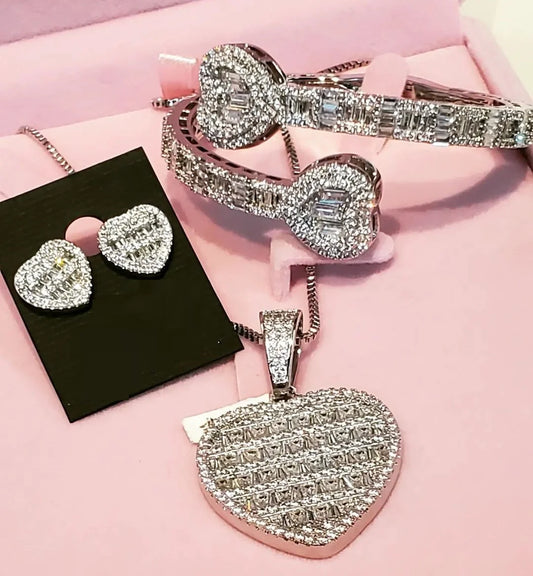 Valentine's Day Gift Wedding Iced Out Bling Rectangle CZ Paved Heart Shaped Earring Ring Necklace Women Jewelry Set-1