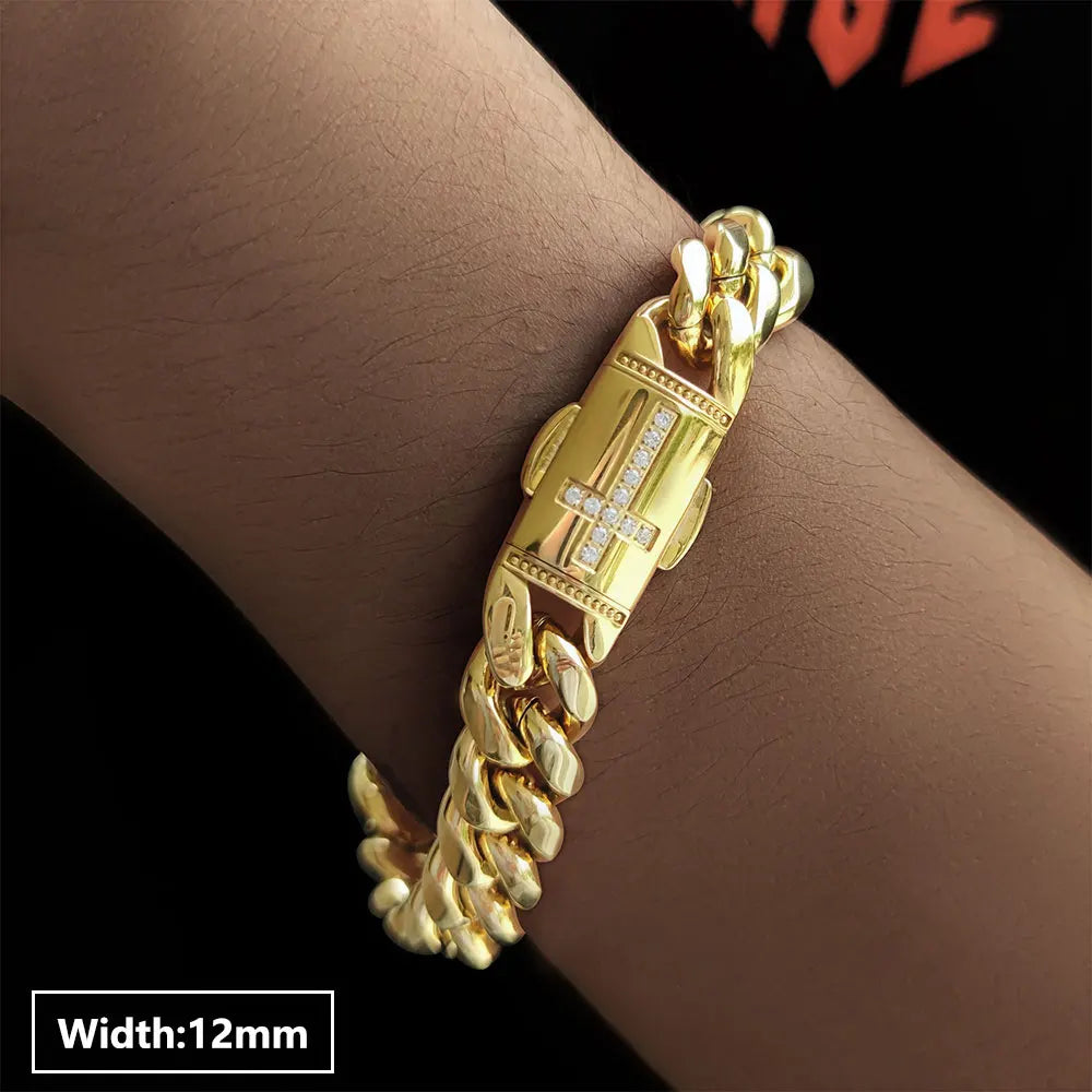 Hip Hop Chain Mens Gold Bracelets 18k Gold  Plated Chain Miami Stainless Steel Cuban Bracelets-7