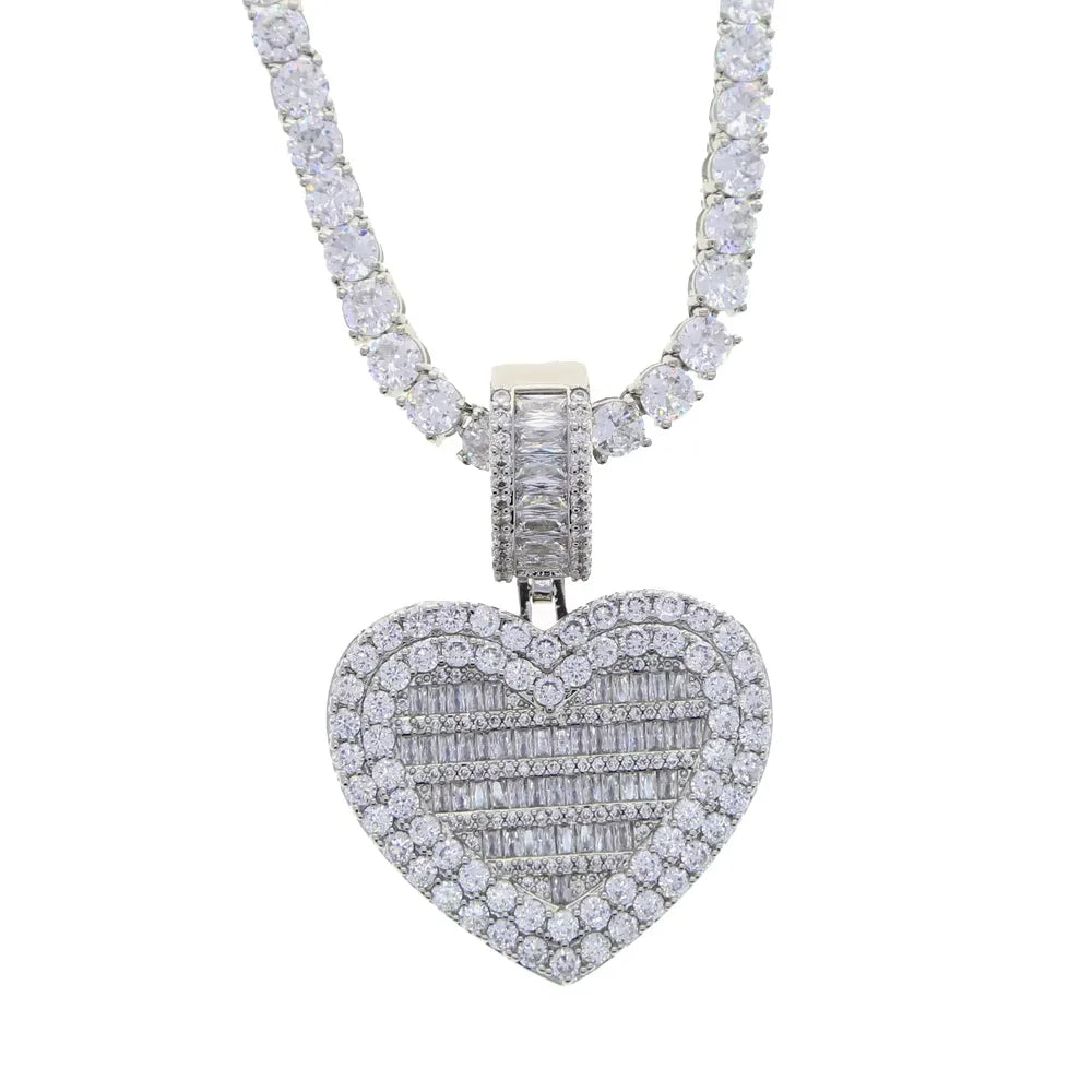 Valentine's Day Gift Wedding Iced Out Bling Rectangle CZ Paved Heart Shaped Earring Ring Necklace Women Jewelry Set-17