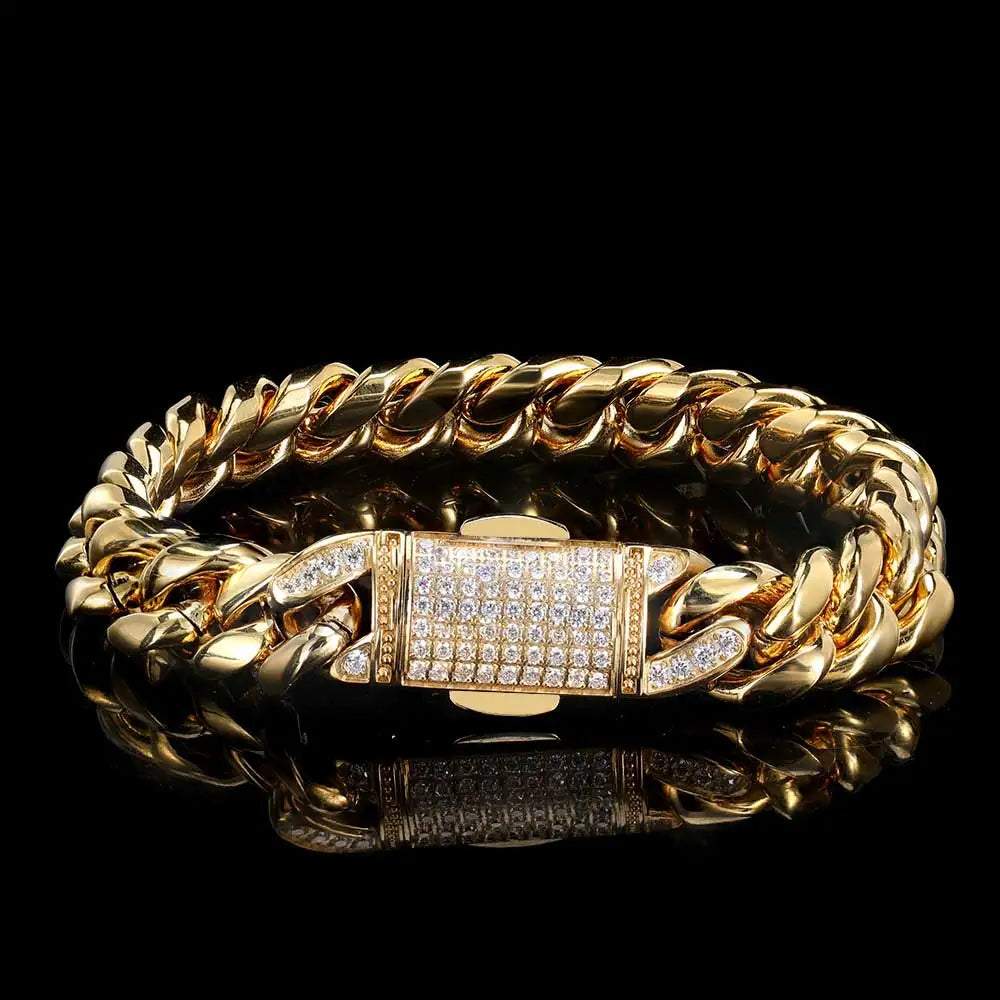 Hip Hop Chain Mens Gold Bracelets 18k Gold  Plated Chain Miami Stainless Steel Cuban Bracelets-2