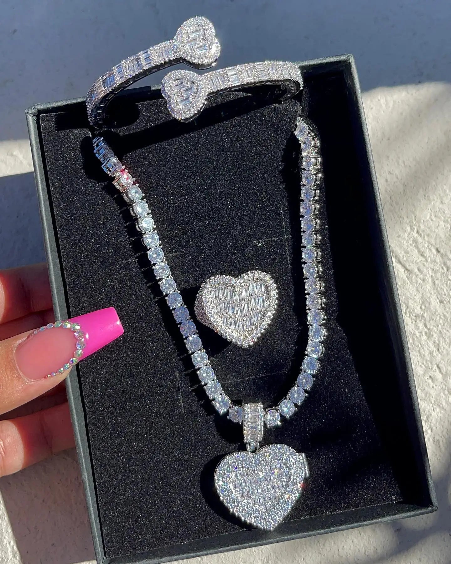 Valentine's Day Gift Wedding Iced Out Bling Rectangle CZ Paved Heart Shaped Earring Ring Necklace Women Jewelry Set-0