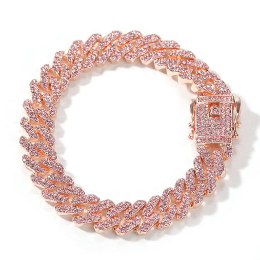 12mm Pink Cuban Chain Iced Out Rhinestone Zinc Alloy Rose Gold Plating Miami Cuban Link Chain Necklace Wholesale Jewelry-1