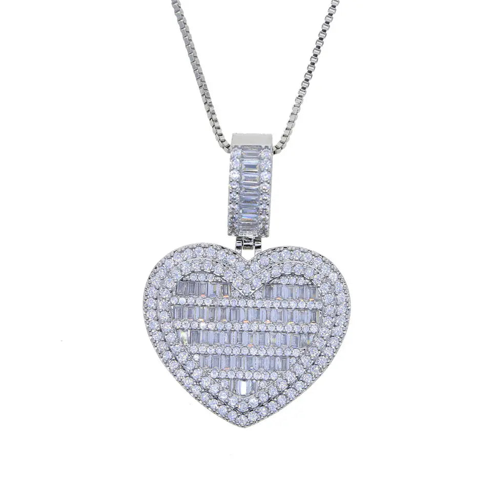 Valentine's Day Gift Wedding Iced Out Bling Rectangle CZ Paved Heart Shaped Earring Ring Necklace Women Jewelry Set-6