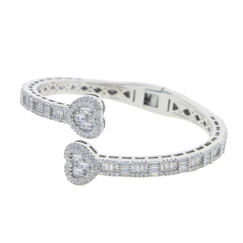 Valentine's Day Gift Wedding Iced Out Bling Rectangle CZ Paved Heart Shaped Earring Ring Necklace Women Jewelry Set-8