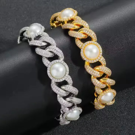 Hip Hop BES 15 mm Niche Pearl Zircon Cuban Chain Bracelet Fashion Jewelry Anniversary Unisex-0