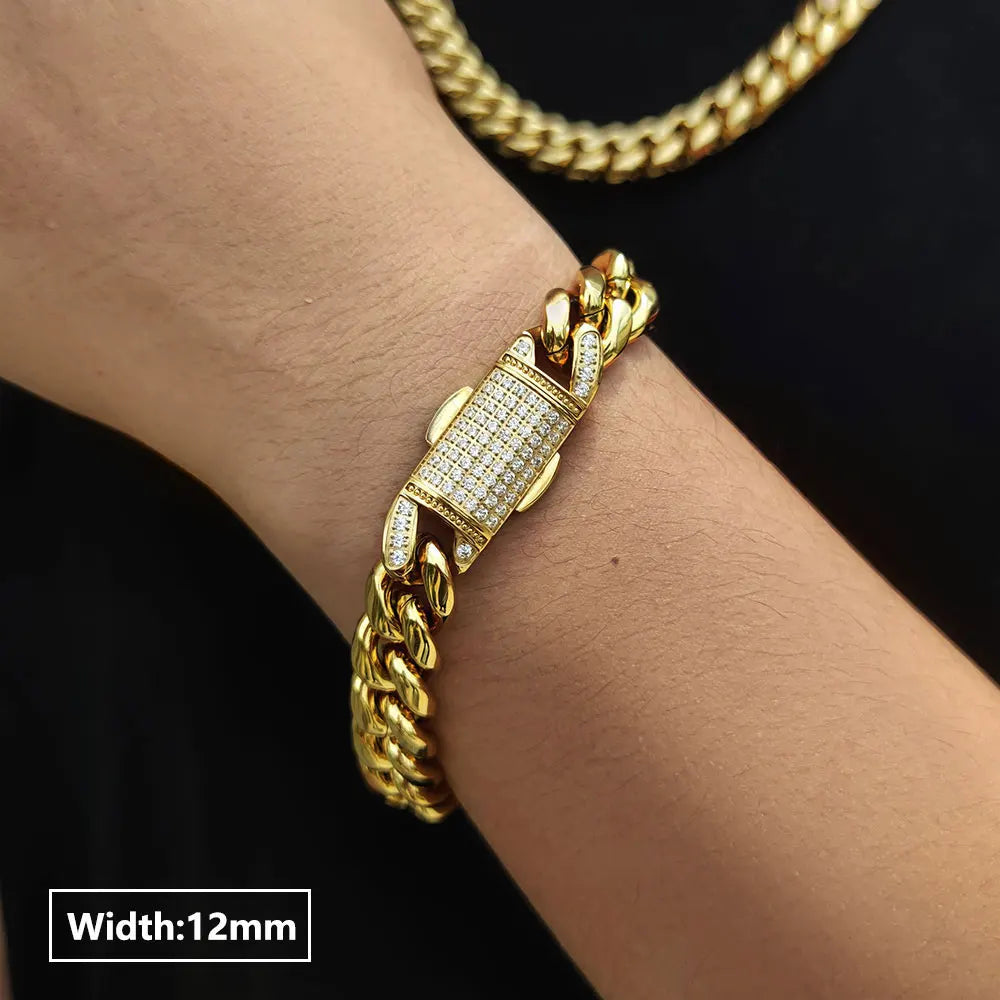 Hip Hop Chain Mens Gold Bracelets 18k Gold  Plated Chain Miami Stainless Steel Cuban Bracelets-8