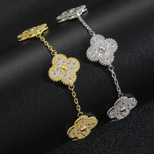 BES Iced Out Clover Bracelet Luxury 5A Cubic Zirconia Gold Plated Brass Bracelet Fashion Hip Hop Jewelry for Men Women-0