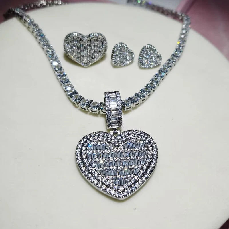 Valentine's Day Gift Wedding Iced Out Bling Rectangle CZ Paved Heart Shaped Earring Ring Necklace Women Jewelry Set-3