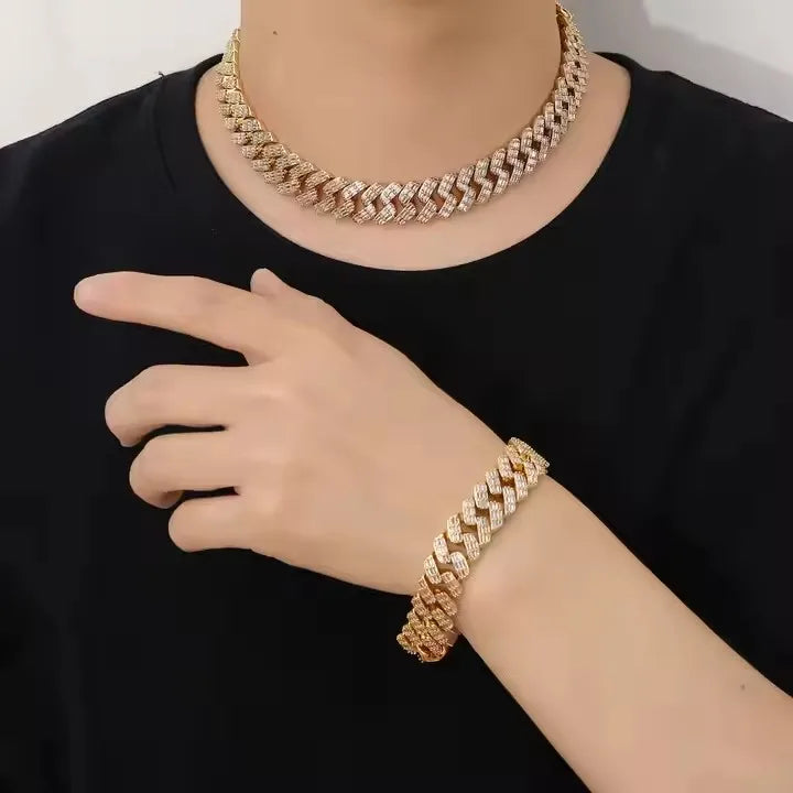 BES Fashion Hip Hop 17 MM Miami Cuban Chain Necklace Iced Out Zircon 18 K Gold Plated Necklace Jewelry for Men Anniversary-5