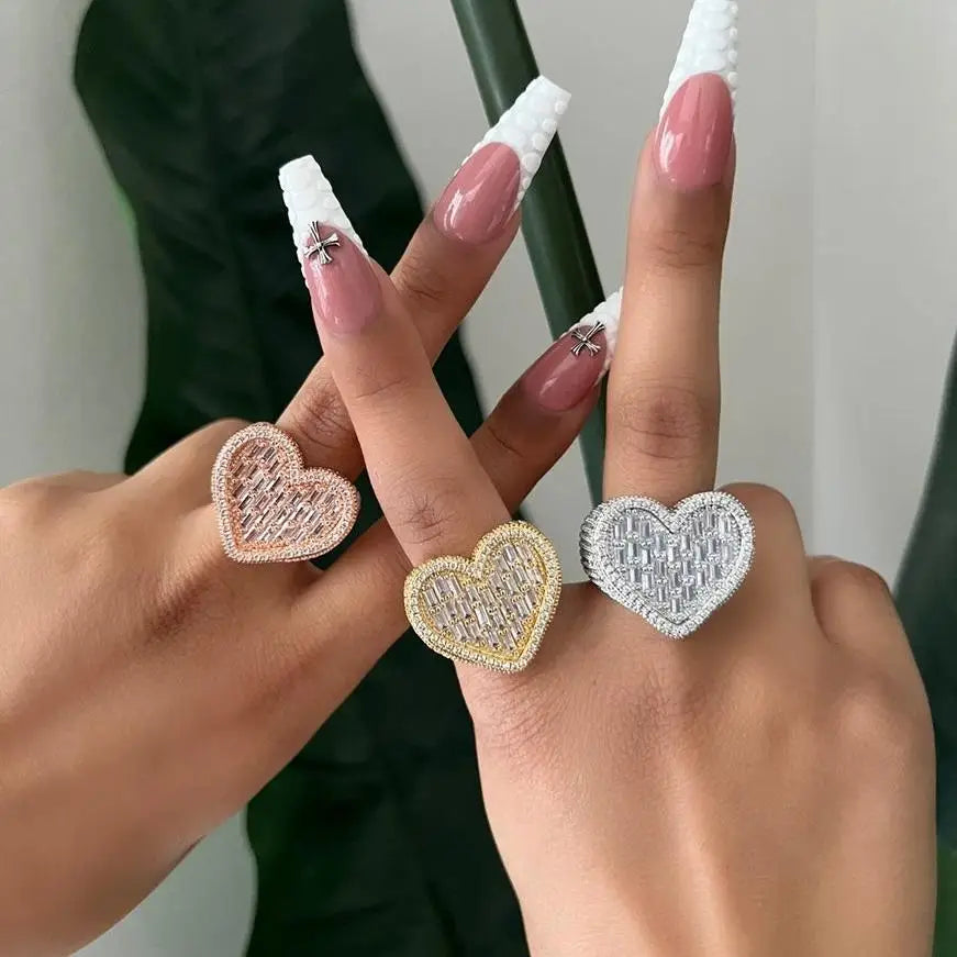 Valentine's Day Gift Wedding Iced Out Bling Rectangle CZ Paved Heart Shaped Earring Ring Necklace Women Jewelry Set-4