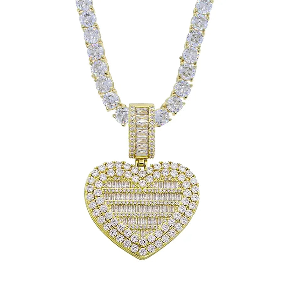 Valentine's Day Gift Wedding Iced Out Bling Rectangle CZ Paved Heart Shaped Earring Ring Necklace Women Jewelry Set-14