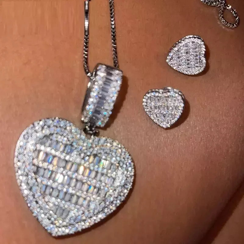 Valentine's Day Gift Wedding Iced Out Bling Rectangle CZ Paved Heart Shaped Earring Ring Necklace Women Jewelry Set-2